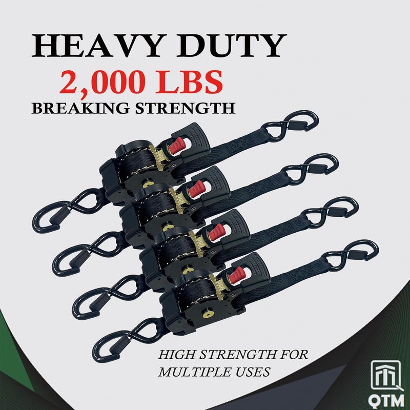 QTM 4 Pack Retractable Ratchet Straps, 1" x10' with Soft Loops, Heavy Duty, 2,000lbs Breaking Strength, with Storage Bag, Best for Cargo, Truck, Bicycle, Motorcycle (Black-4pack, 1" x10') - Image 2